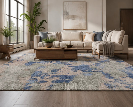 Modern High Low Denim Olive Rugs | Abstract pattern