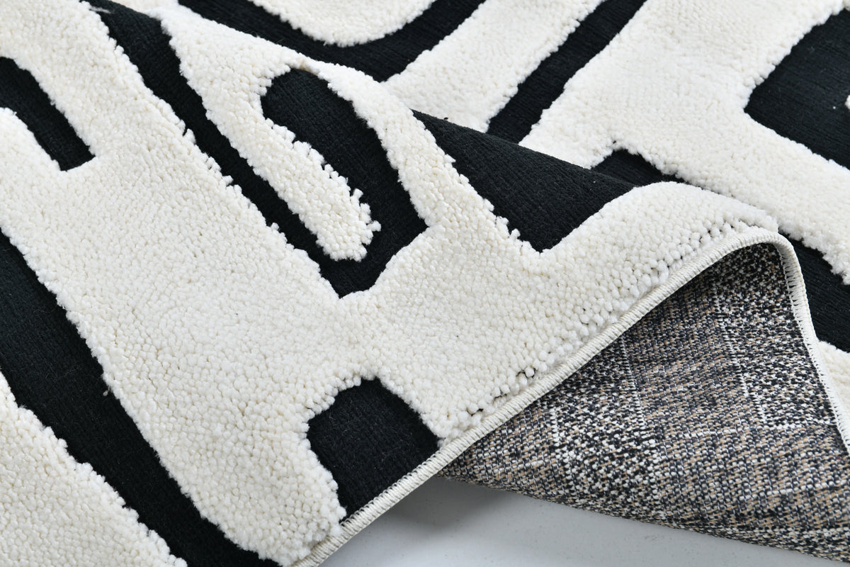 Moroccan Abstract Maze Geometric Powerloom Rugs - Contemporary White & Black