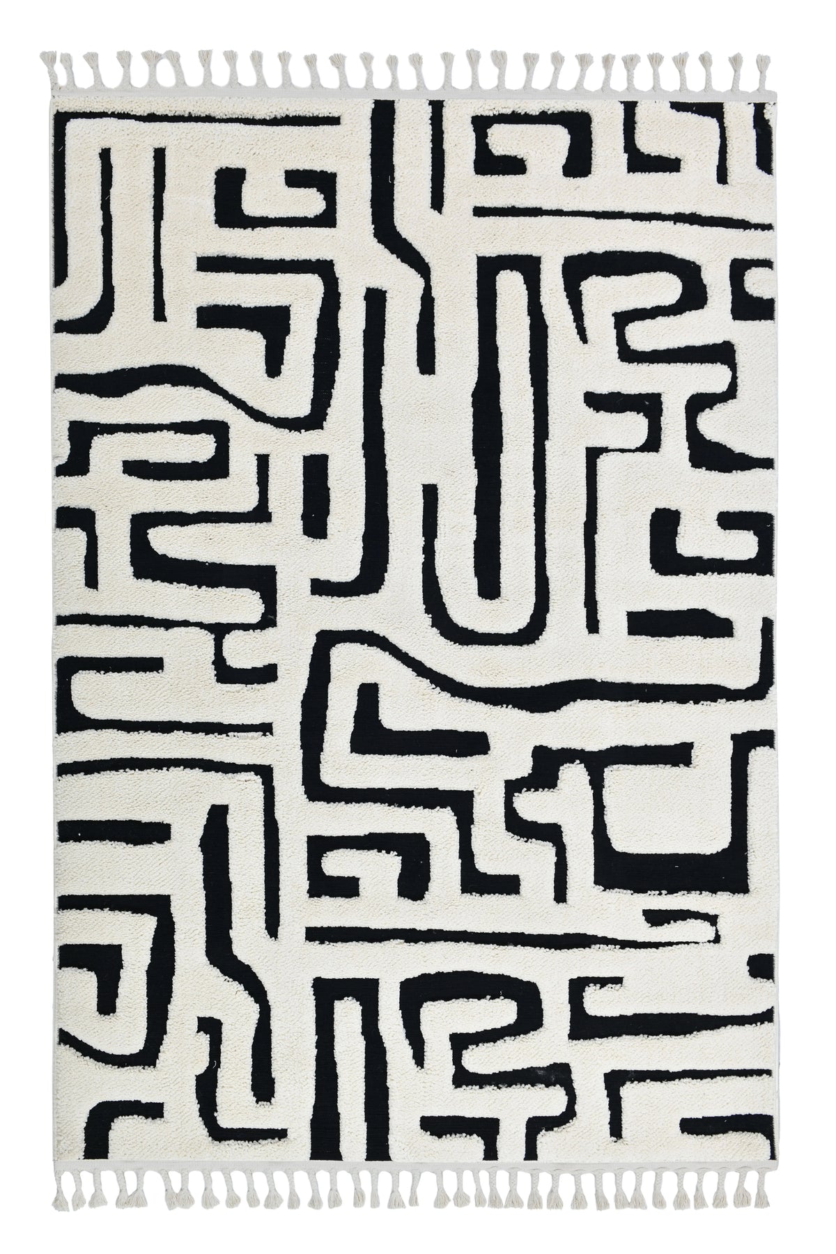 Moroccan Abstract Maze Geometric Powerloom Rugs - Contemporary White & Black