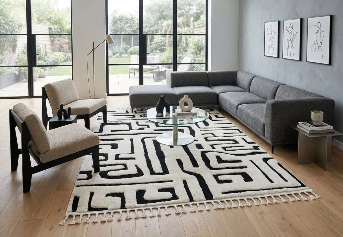 Moroccan Abstract Maze Geometric Powerloom Rugs - Contemporary White & Black