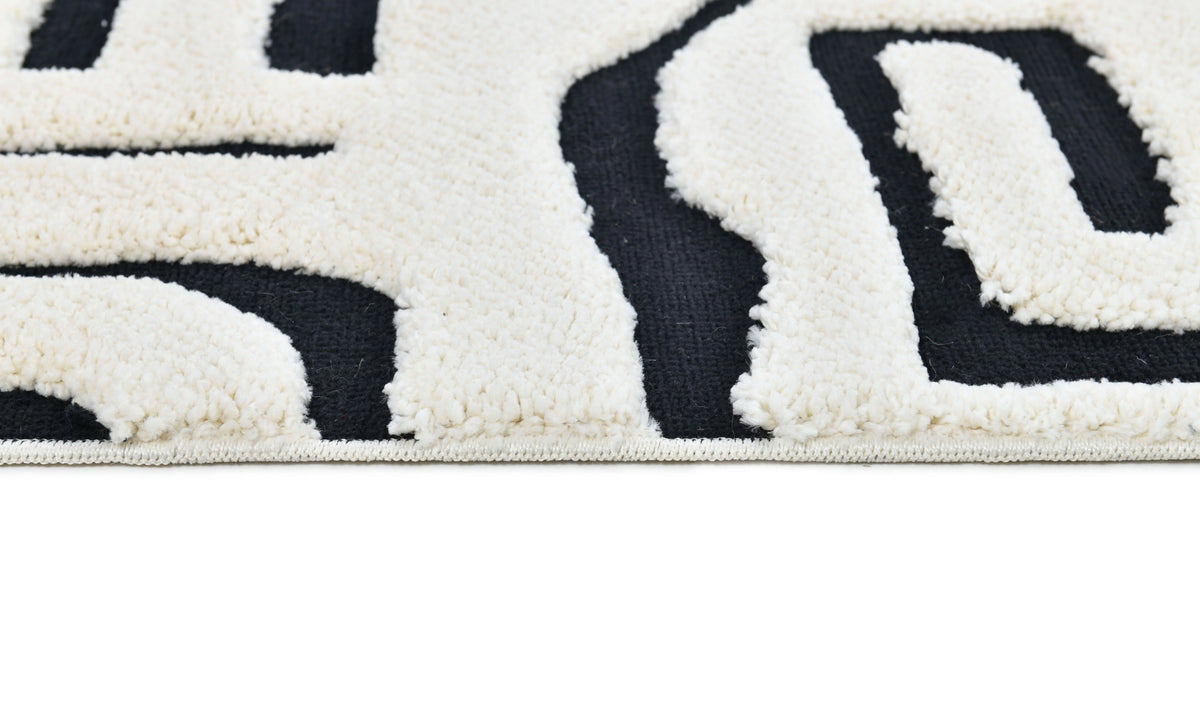 Moroccan Abstract Maze Geometric Powerloom Rugs - Contemporary White & Black