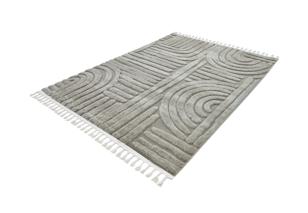 Madu Moroccan Powerloom Abstract Curved Geometric Rugs – Grey & Beige