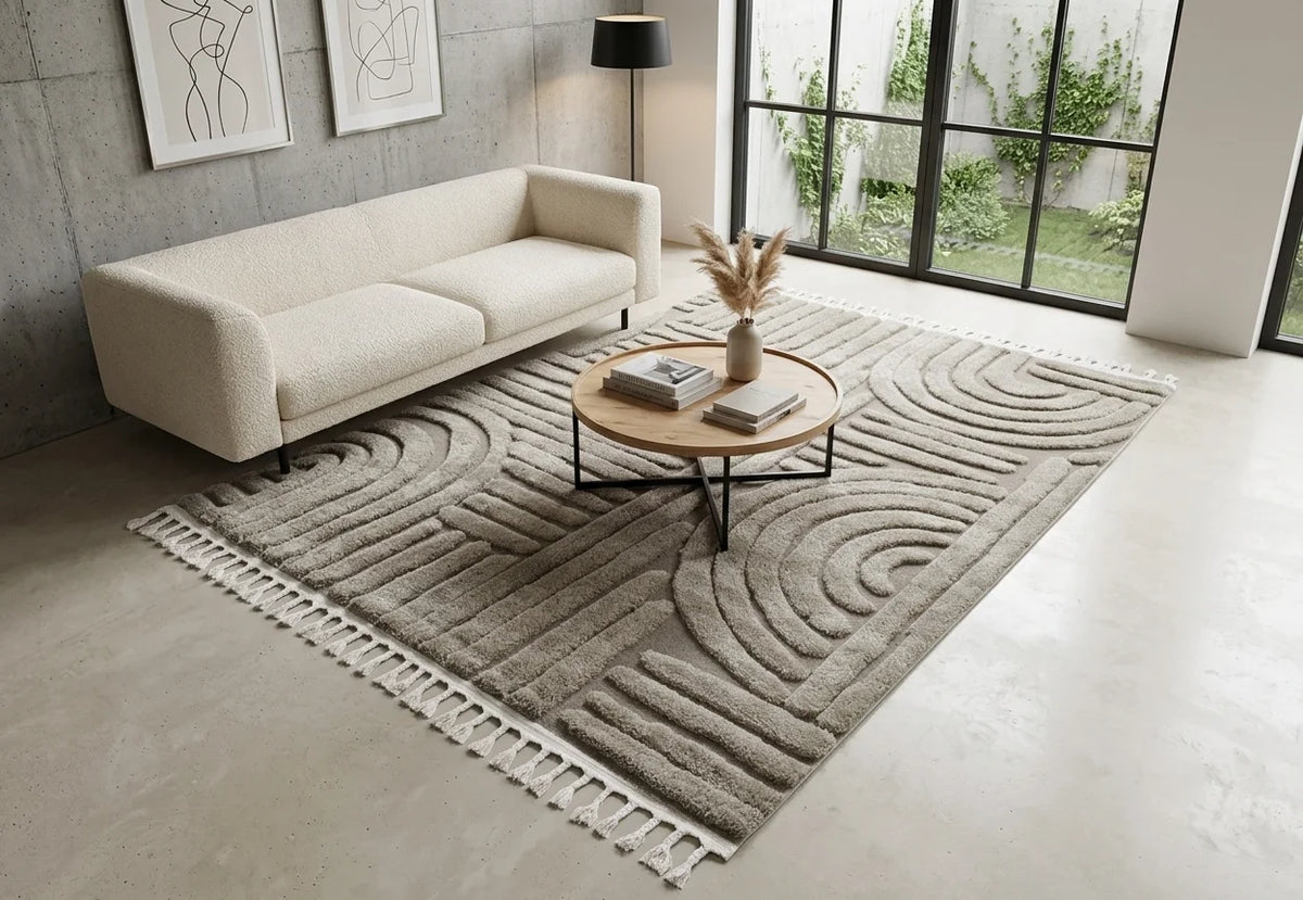 Madu Moroccan Powerloom Abstract Curved Geometric Rugs – Grey & Beige
