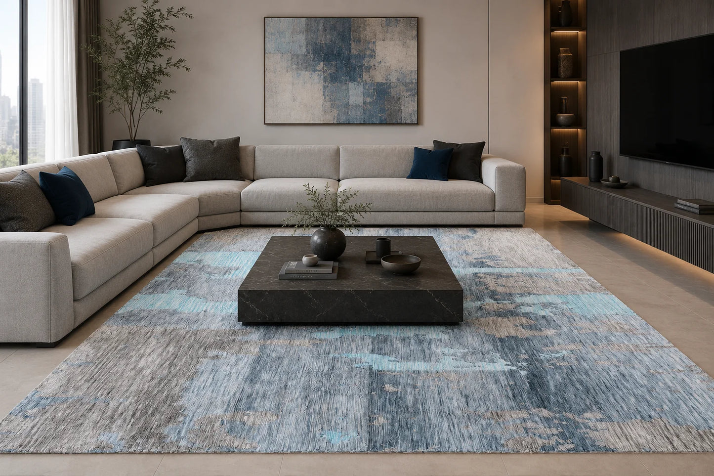 Modern High Low Blue Rugs | Abstract Textured Design