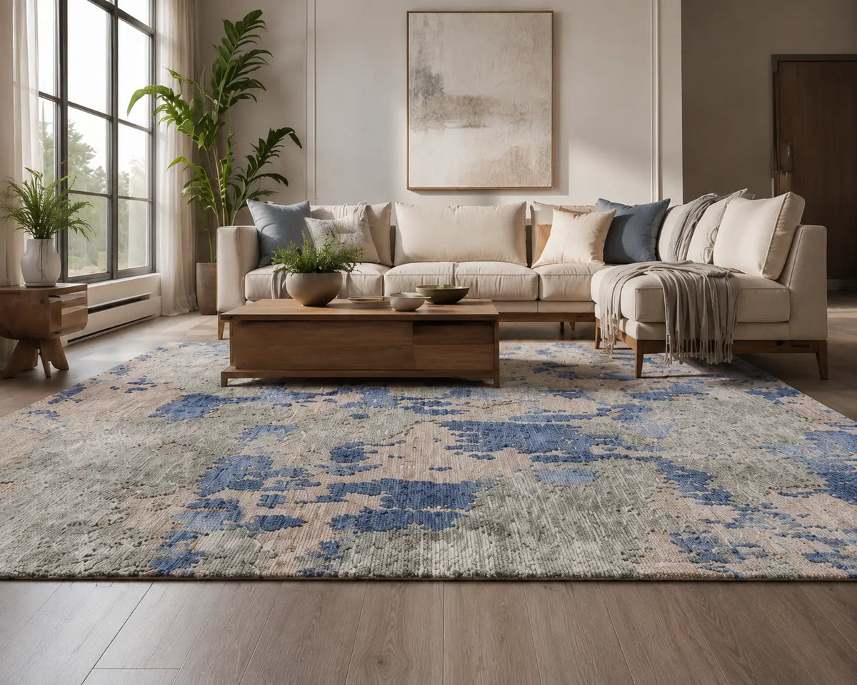 Modern High Low Denim Olive Rugs | Abstract pattern
