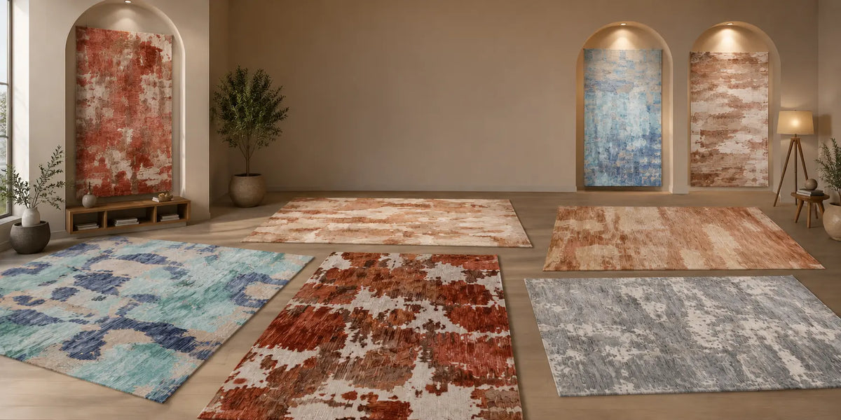 Premium modern high low rugs by Tirmah Carpets displayed in a luxury showroom for contemporary living spaces.