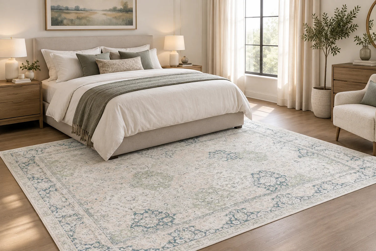 Traditional Distressed Floral Rug in Ivory Vintage Style