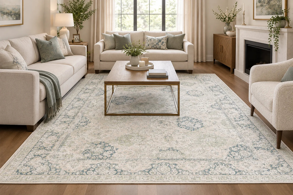 Traditional Distressed Floral Rug in Ivory Vintage Style