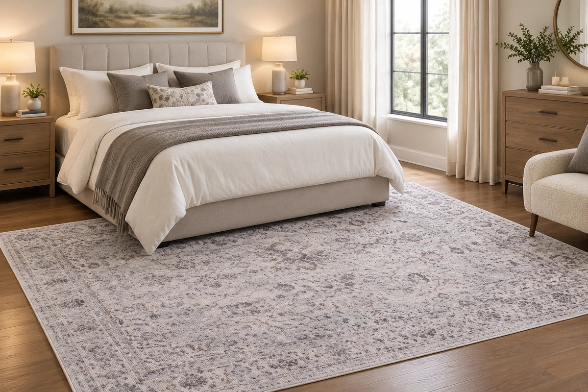 Traditional Vintage Floral Rug - Natural Beige & Soft Ivory Distressed Design