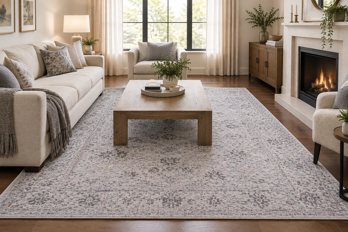 Traditional Vintage Floral Rug - Natural Beige & Soft Ivory Distressed Design